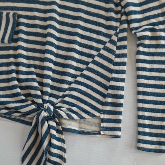 Stella & Dot S Small Striped Tatum Scoop Neck Front Knot Knit Top Blue Ivory - Picture 3 of 7